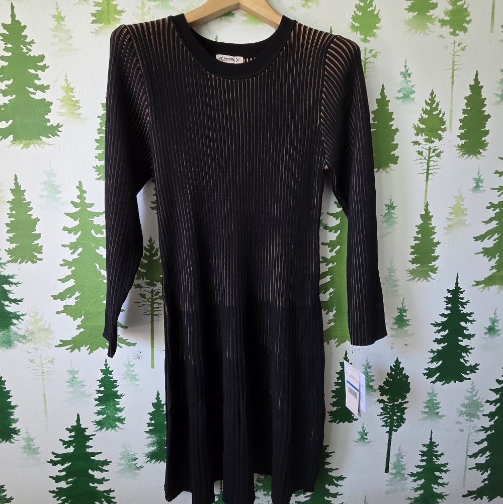 Nanette Lepore Black Ribbed Crewneck Sweater Dress